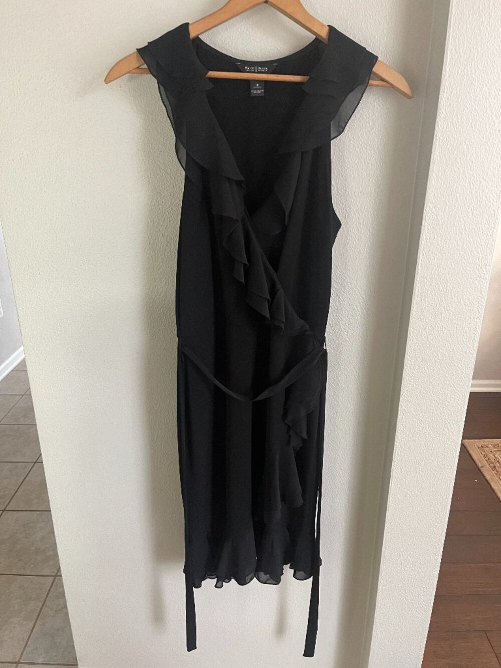 White House Black Market Sheer Ruffle Wrap-Style Dress in Black